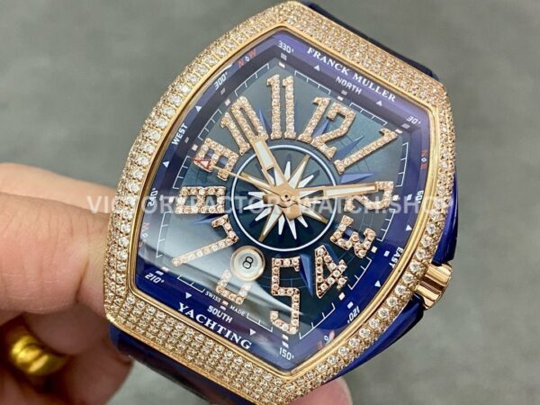 ABF Factory Franck Muller Vanguard V 45 SC DT 5N BL 44mm Diamond Rose Gold Rubber Strap Blue Dial