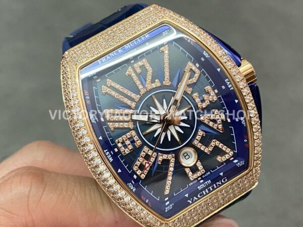 ABF Factory Franck Muller Vanguard V 45 SC DT 5N BL 44mm Diamond Rose Gold Rubber Strap Blue Dial