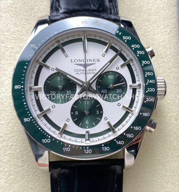 AF Longines Conquest L3.835.4.02.6 white dial green subdials leather strap