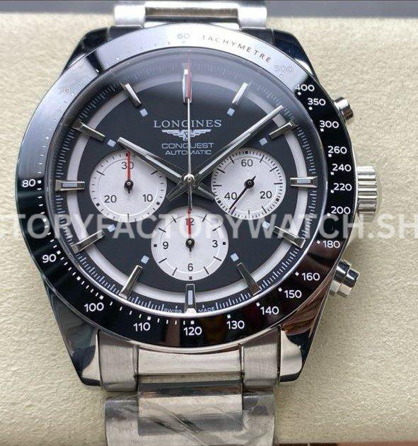 AF Factory Longines Conquest Chronograph L3.835.4.52.6 42mm Full Steel Strap White Eyes Black Dial (9) AF Longines Conquest L3.835.4.52.6 steel bracelet black dial white subdials