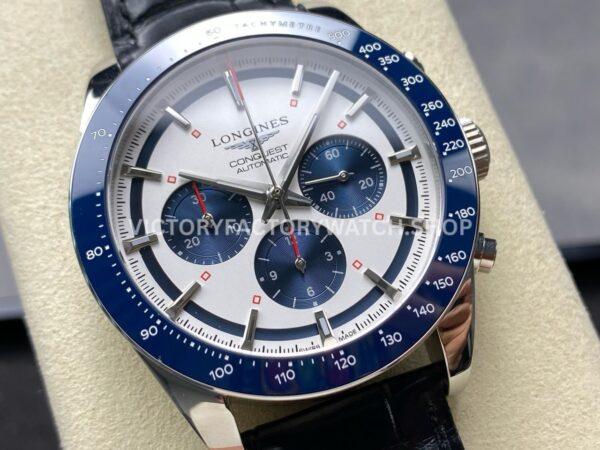 AF Factory Longines Conquest Chronograph L3.835.4.98.6 42mm Steel Leather Strap Blue Eyes White Dial