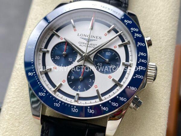 AF Factory Longines Conquest Chronograph L3.835.4.98.6 42mm Steel Leather Strap Blue Eyes White Dial