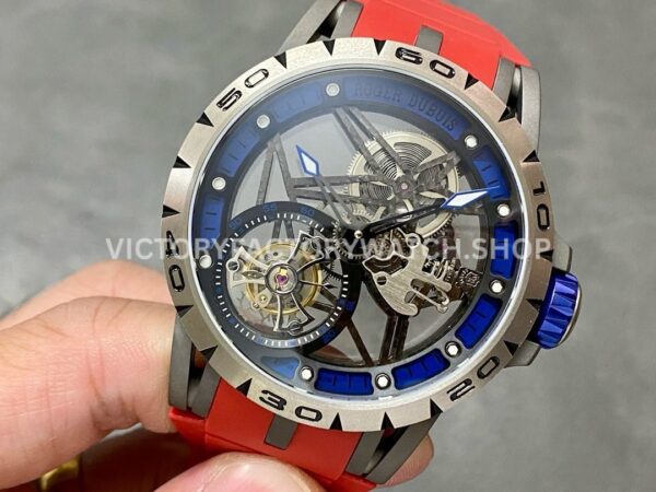 BBR Factory Roger Dubuis Excalibur Tourbillon RDDBEX0479 45mm Titanium Red Rubber Strap Blue Dial