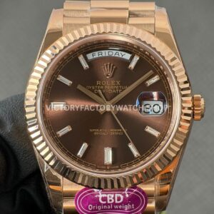 CBD Factory Counterweight Rolex Day-Date 228235-0003 40mm Full Rose Gold Chocolate Baguette Dial
