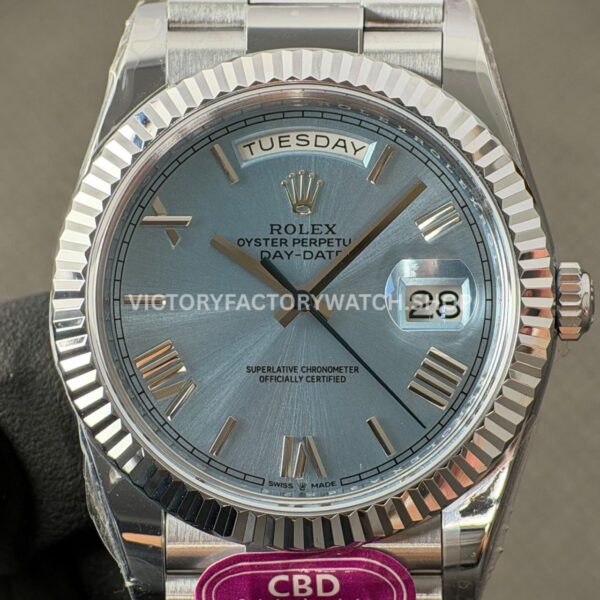 CBD Factory Counterweight Rolex Day-Date 228236-0012 40mm Full Platinum Roman Numerals Ice Blue Dial
