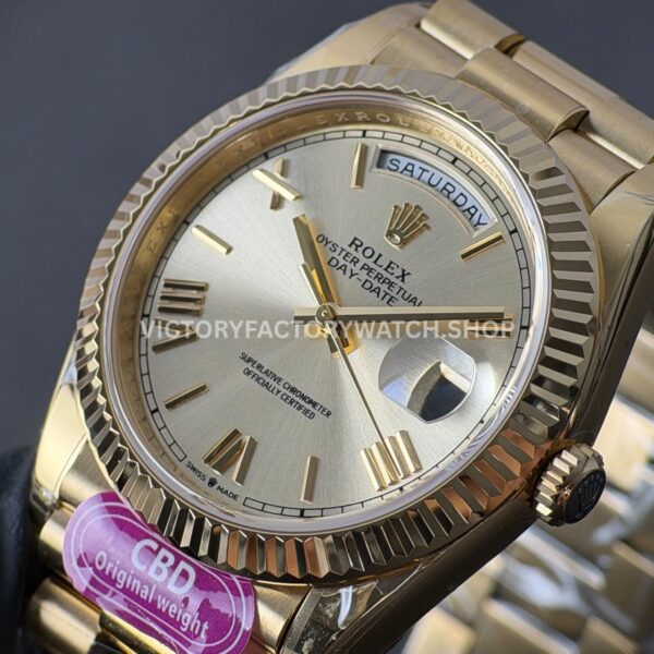 CBD Factory Counterweight Rolex Day-Date 228238-0002 40mm Full Yellow Gold Roman Numerals Silver Dial