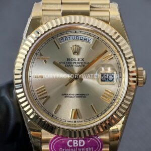 CBD Factory Counterweight Rolex Day-Date 228238-0002 40mm Full Yellow Gold Roman Numerals Silver Dial