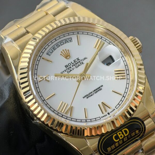 CBD Factory Counterweight Rolex Day-Date 228238-0042 40mm Full Yellow Gold Roman Numerals White Dial