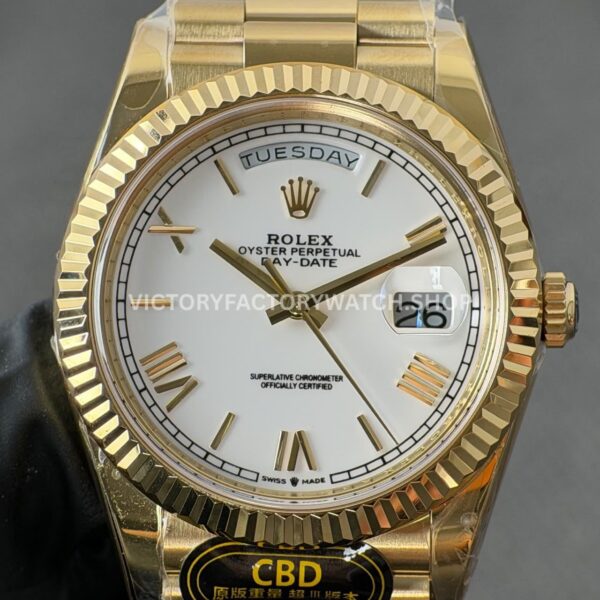 CBD Factory Counterweight Rolex Day-Date 228238-0042 40mm Full Yellow Gold Roman Numerals White Dial