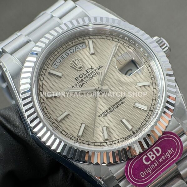 CBD Factory Counterweight Rolex Day-Date 228239-0001 40mm Full White Gold Stripe Motif Dial