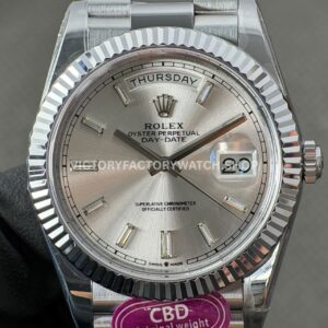 CBD Factory Counterweight Rolex Day-Date 228239-0003 40mm Full White Gold Silver Baguette Dial
