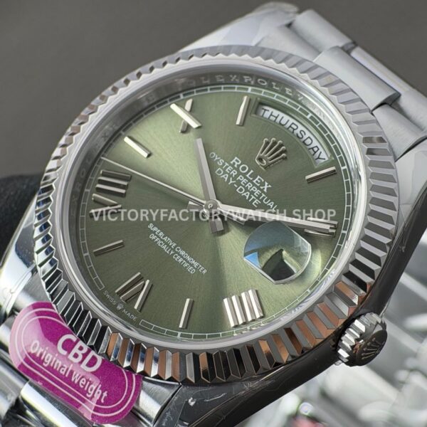 CBD Factory Counterweight Rolex Day-Date 228239-0033 40mm Full White Gold Roman Numerals Olive Green Dial