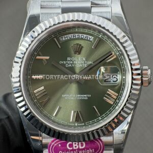 CBD Factory Counterweight Rolex Day-Date 228239-0033 40mm Full White Gold Roman Numerals Olive Green Dial