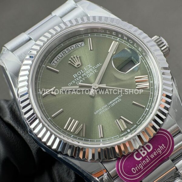 CBD Factory Counterweight Rolex Day-Date 228239-0033 40mm Full White Gold Roman Numerals Olive Green Dial