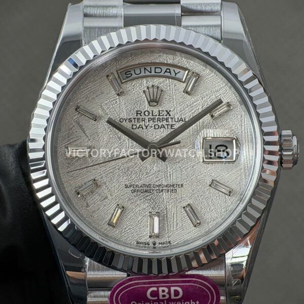 CBD Factory Counterweight Rolex Day-Date 228239-0055 40mm Full White Gold Meteorite Baguette Dial