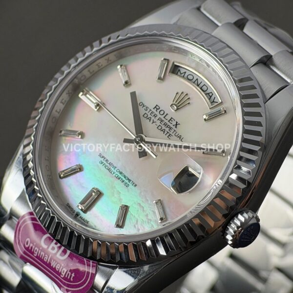CBD Factory Counterweight Rolex Day-Date 228239-0078 40mm Full White Gold Mother of Pearl Baguette Dial