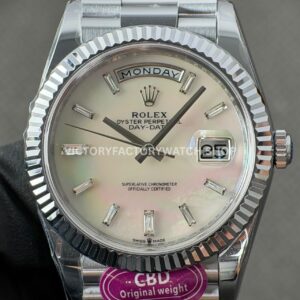 CBD Factory Counterweight Rolex Day-Date 228239-0078 40mm Full White Gold Mother of Pearl Baguette Dial