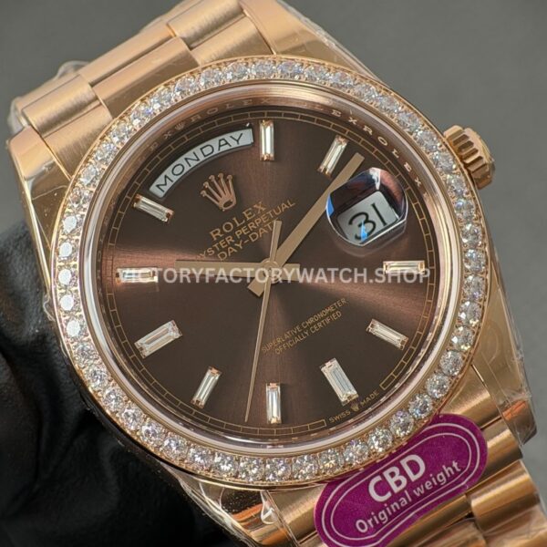 CBD Factory Counterweight Rolex Day-Date 228345RBR-0006 40mm Full Rose Gold Diamond Bezel Brown Baguette Dial (6) CBD Factory Counterweight Rolex Day-Date 228345RBR-0006 40mm Full Rose Gold Diamond Bezel Brown Baguette Dial