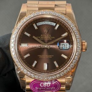 CBD Factory Counterweight Rolex Day-Date 228345RBR-0006 40mm Full Rose Gold Diamond Bezel Brown Baguette Dial
