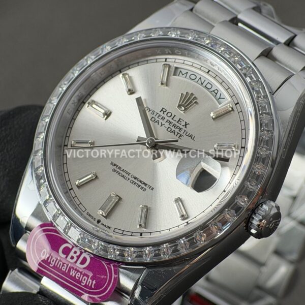 CBD Factory Counterweight Rolex Day-Date 228396TBR-0011 40mm Full Platinum Diamond Bezel Silver Baguette Dial (5) CBD Factory Counterweight Rolex Day-Date 228396TBR-0011 40mm Full Platinum Diamond Bezel Silver Baguette Dial