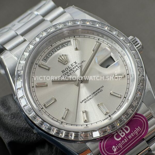 CBD Factory Counterweight Rolex Day-Date 228396TBR-0011 40mm Full Platinum Diamond Bezel Silver Baguette Dial (6) CBD Factory Counterweight Rolex Day-Date 228396TBR-0011 40mm Full Platinum Diamond Bezel Silver Baguette Dial