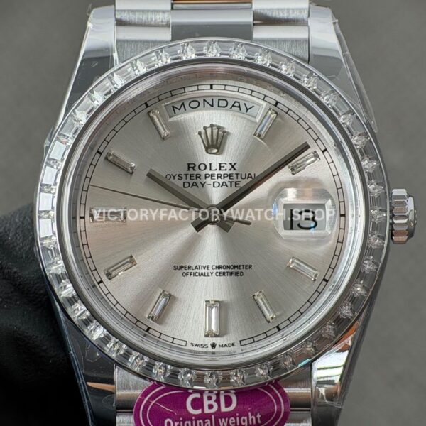 CBD Factory Counterweight Rolex Day-Date 228396TBR-0011 40mm Full Platinum Diamond Bezel Silver Baguette Dial (8) CBD Factory Counterweight Rolex Day-Date 228396TBR-0011 40mm Full Platinum Diamond Bezel Silver Baguette Dial