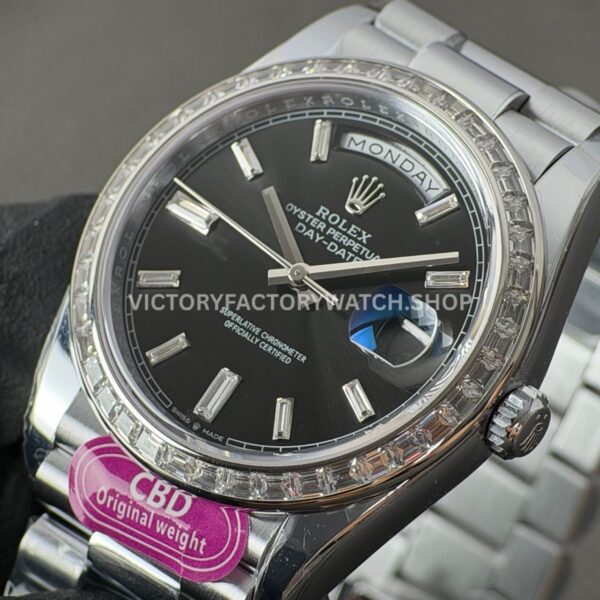 CBD Factory Counterweight Rolex Day-Date 228396TBR-0012 40mm Full Platinum Diamond Bezel Black Baguette Dial (5) CBD Factory Counterweight Rolex Day-Date 228396TBR-0012 40mm Full Platinum Diamond Bezel Black Baguette Dial