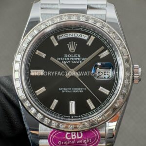 CBD Factory Counterweight Rolex Day-Date 228396TBR-0012 40mm Full Platinum Diamond Bezel Black Baguette Dial