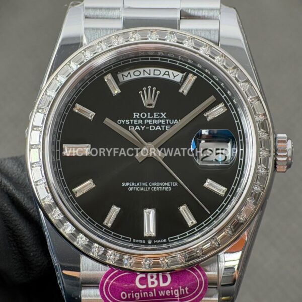 CBD Factory Counterweight Rolex Day-Date 228396TBR-0012 40mm Full Platinum Diamond Bezel Black Baguette Dial (7) CBD Factory Counterweight Rolex Day-Date 228396TBR-0012 40mm Full Platinum Diamond Bezel Black Baguette Dial