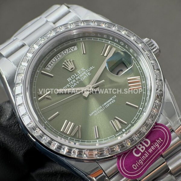CBD Factory Counterweight Rolex Day-Date 228396TBR-0020 40mm Full Platinum Diamond Bezel Roman Numerals Olive Green Dial (5) CBD Factory Counterweight Rolex Day-Date 228396TBR-0020 40mm Full Platinum Diamond Bezel Roman Numerals Olive Green Dial