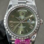 CBD Factory Counterweight Rolex Day-Date 228396TBR-0020 40mm Full Platinum Diamond Bezel Roman Numerals Olive Green Dial (7) CBD Factory Counterweight Rolex Day-Date 228396TBR-0020 40mm Full Platinum Diamond Bezel Roman Numerals Olive Green Dial