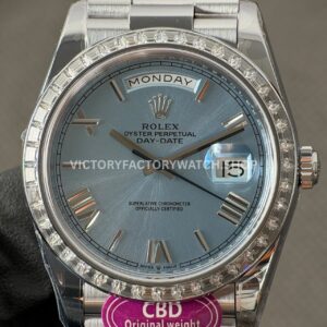 CBD Factory Counterweight Rolex Day-Date 228396TBR-0030 40mm Full Platinum Diamond Bezel Roman Numerals Ice Blue Dial