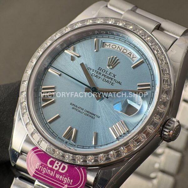 CBD Factory Counterweight Rolex Day-Date 228396TBR-0030 40mm Full Platinum Diamond Bezel Roman Numerals Ice Blue Dial (6) CBD Factory Counterweight Rolex Day-Date 228396TBR-0030 40mm Full Platinum Diamond Bezel Roman Numerals Ice Blue Dial