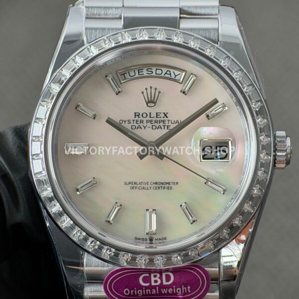 CBD Factory Counterweight Rolex Day-Date 228396TBR-0043 40mm Full Platinum Diamond Bezel Mother of Pearl Dial (6) CBD Factory Counterweight Rolex Day-Date 228396TBR-0043 40mm Full Platinum Diamond Bezel Mother of Pearl Dial