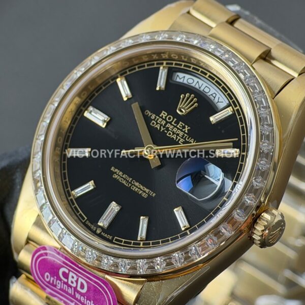 CBD Factory Counterweight Rolex Day-Date 228398TBR-0001 40mm Full Yellow Gold Diamond Bezel Roman Numerals Black Dial