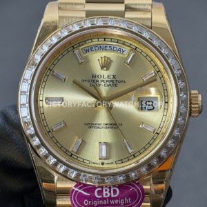 CBD Factory Counterweight Rolex Day-Date 228398TBR-0002 40mm Full Yellow Gold Diamond Bezel Champagne Baguette Dial (8) CBD Factory Counterweight Rolex Day-Date 228398TBR-0002 40mm Full Yellow Gold Diamond Bezel Champagne Baguette Dial