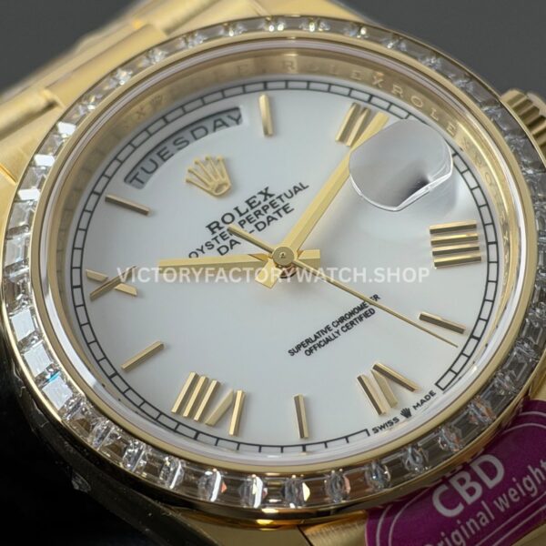 CBD Factory Counterweight Rolex Day-Date 228398TBR-0033 40mm Full Yellow Gold Diamond Bezel Roman Numerals White Dial