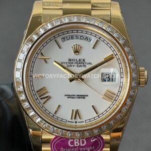 CBD Factory Counterweight Rolex Day-Date 228398TBR-0033 40mm Full Yellow Gold Diamond Bezel Roman Numerals White Dial