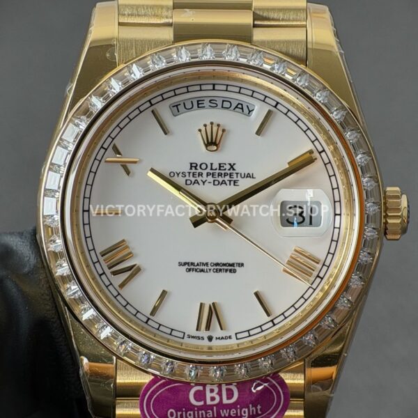 CBD Factory Counterweight Rolex Day-Date 228398TBR-0033 40mm Full Yellow Gold Diamond Bezel Roman Numerals White Dial