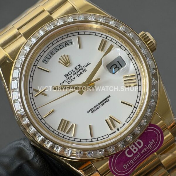 CBD Factory Counterweight Rolex Day-Date 228398TBR-0033 40mm Full Yellow Gold Diamond Bezel Roman Numerals White Dial