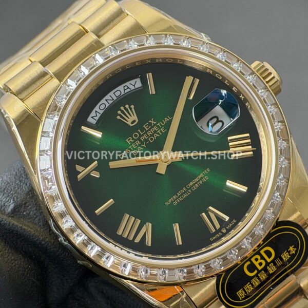 CBD Factory Counterweight Rolex Day-Date 228398TBR-0039 40mm Full Yellow Gold Diamond Bezel Roman Numerals Green Dial