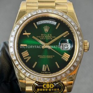 CBD Factory Counterweight Rolex Day-Date 228398TBR-0039 40mm Full Yellow Gold Diamond Bezel Roman Numerals Green Dial