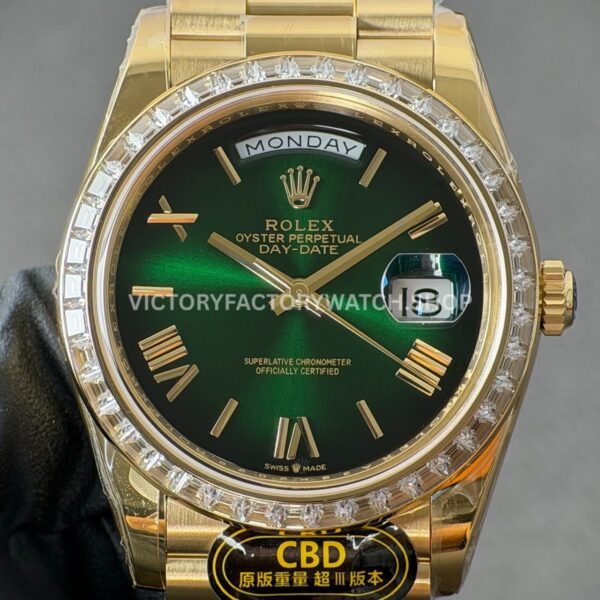 CBD Factory Counterweight Rolex Day-Date 228398TBR-0039 40mm Full Yellow Gold Diamond Bezel Roman Numerals Green Dial