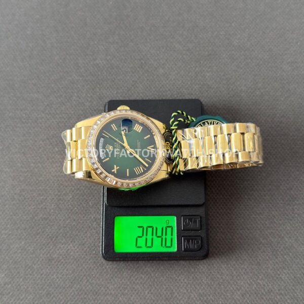 CBD Factory Counterweight Rolex Day-Date 228398TBR-0039 40mm Full Yellow Gold Diamond Bezel Roman Numerals Green Dial