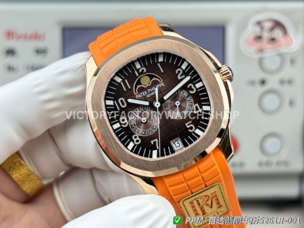PPM Factory Patek Philippe Aquanaut 5261R 40mm Rose Glod Orange Rubber Strap Brown Dial (5) PPM Factory Patek Philippe Aquanaut 5261R 40mm Rose Glod Orange Rubber Strap Brown Dial