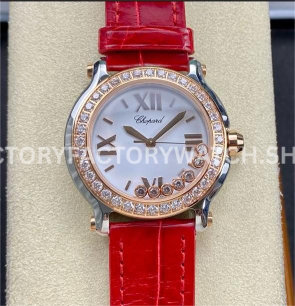 YF Factory Chopard Happy Sport 277473-5002 36mm Steel Diamond Rose Gold Bezel Leather Strap Roman Numerals White Dial