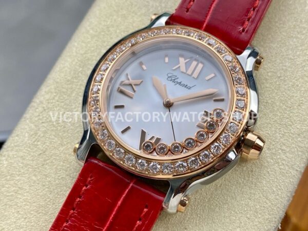 YF Factory Chopard Happy Sport 277473-5002 36mm Steel Diamond Rose Gold Bezel Leather Strap Roman Numerals White Dial