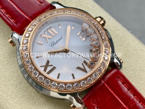 YF Factory Chopard Happy Sport 277473-5002 36mm Steel Diamond Rose Gold Bezel Leather Strap Roman Numerals White Dial
