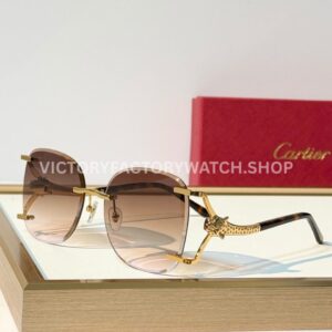 Cartier CT02283O Rimless Sunglasses | Gold-Tone Panther Temples & Brown Gradient Lenses