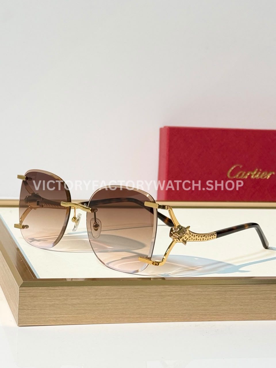 Cartier CT02283O Rimless Sunglasses Gold-Tone Panther Temples & Brown Gradient Lenses (2)